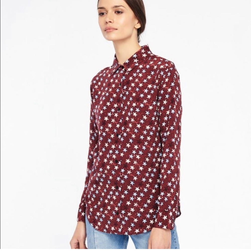 Sandro Paris Burgundy 100% Silk Star Pattern Button Up Blouse Size 2